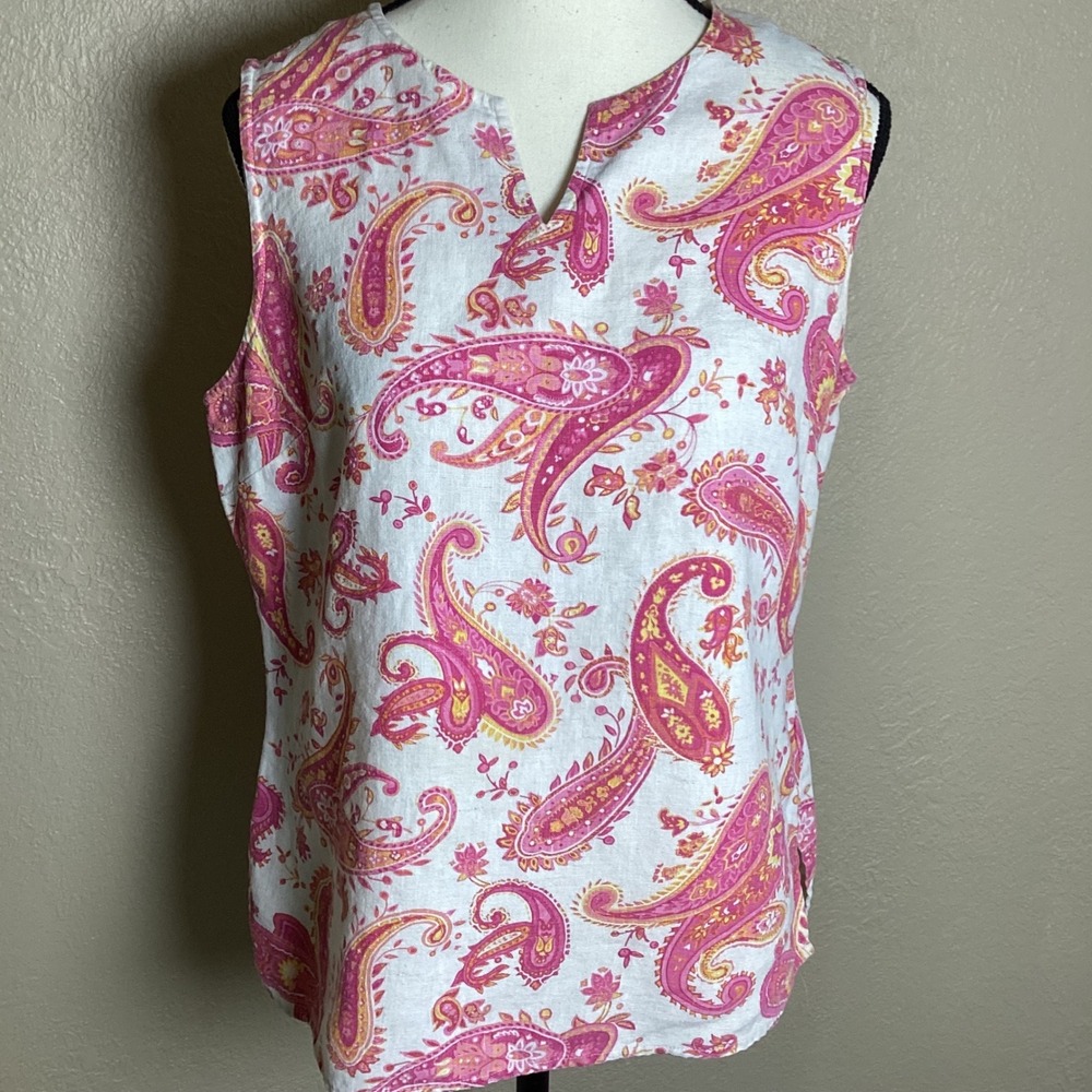 Units Women's Medium Pink Orange Paisley 100% Linen Sleeveless V-Neck Shell Top